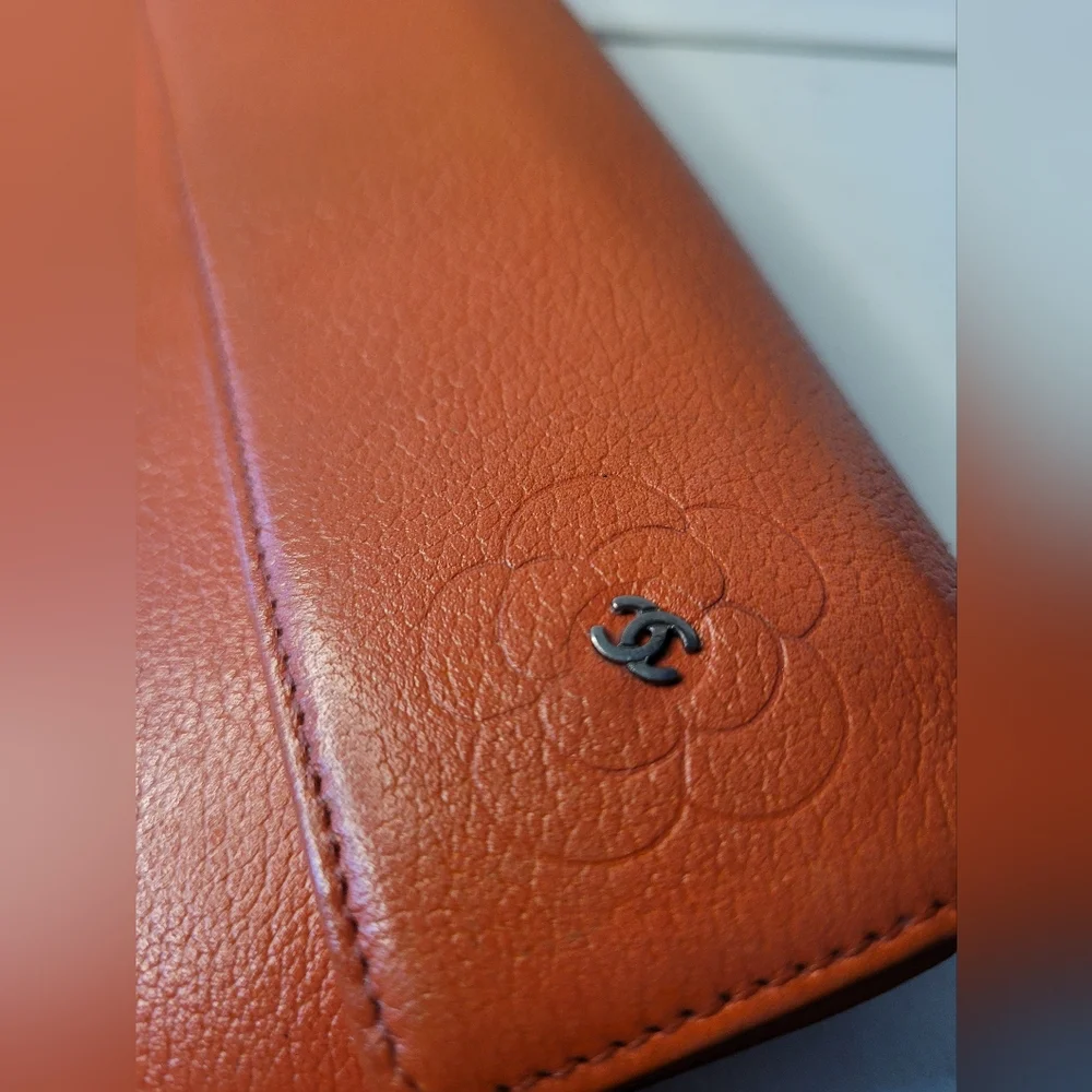 Chanel Lambskin Camelia Flower Long Orange Wallet